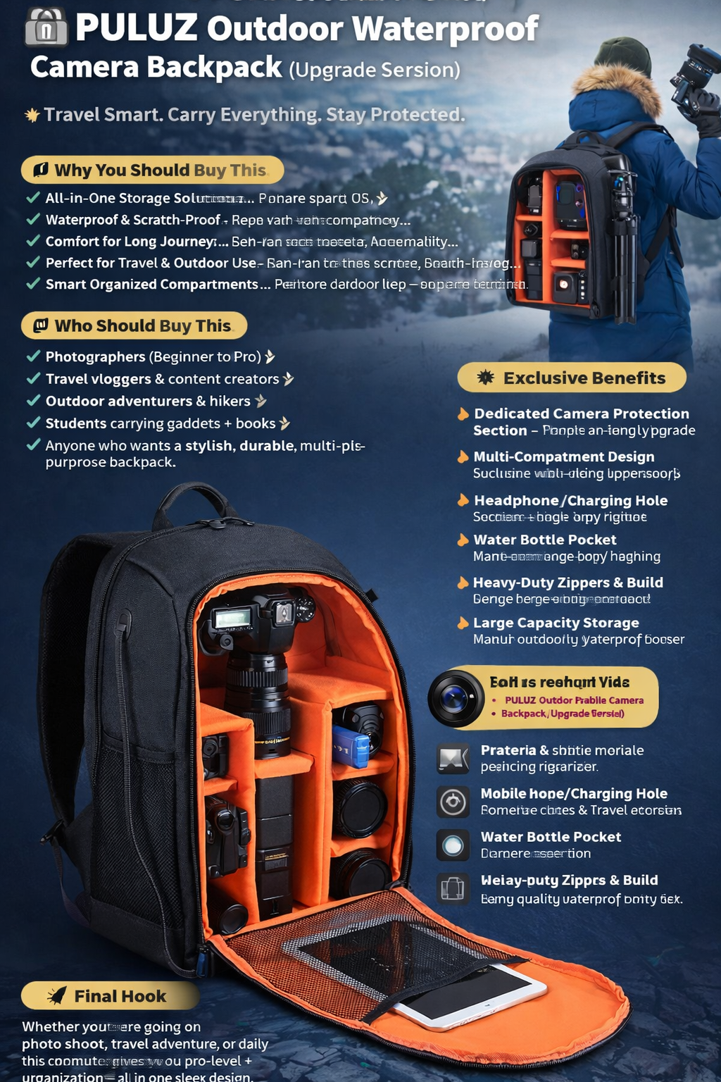 Camera backpack waterproof camera bag