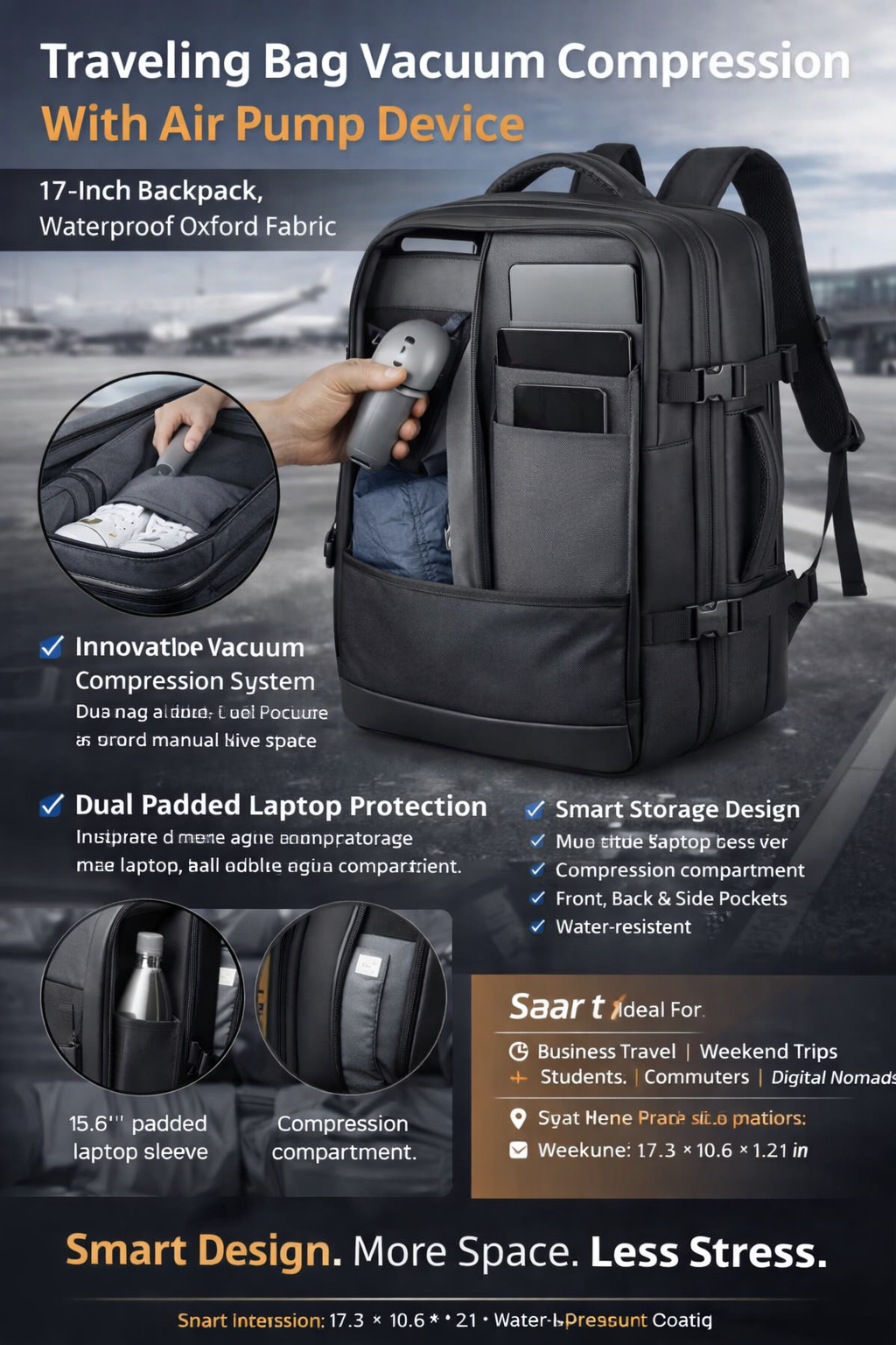Traveling Bag Vacuum Compression With Air Pump Device 17-Inch Backpack, Waterproof Oxford Fabric