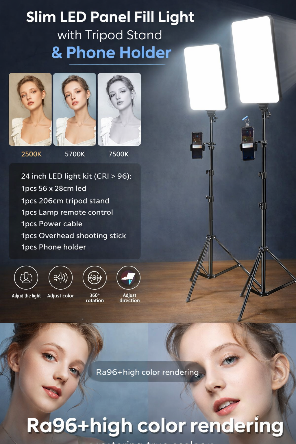 Slim LED Panel Fill Light with Tripod Stand, Phone Holder & Adjustable Brightness