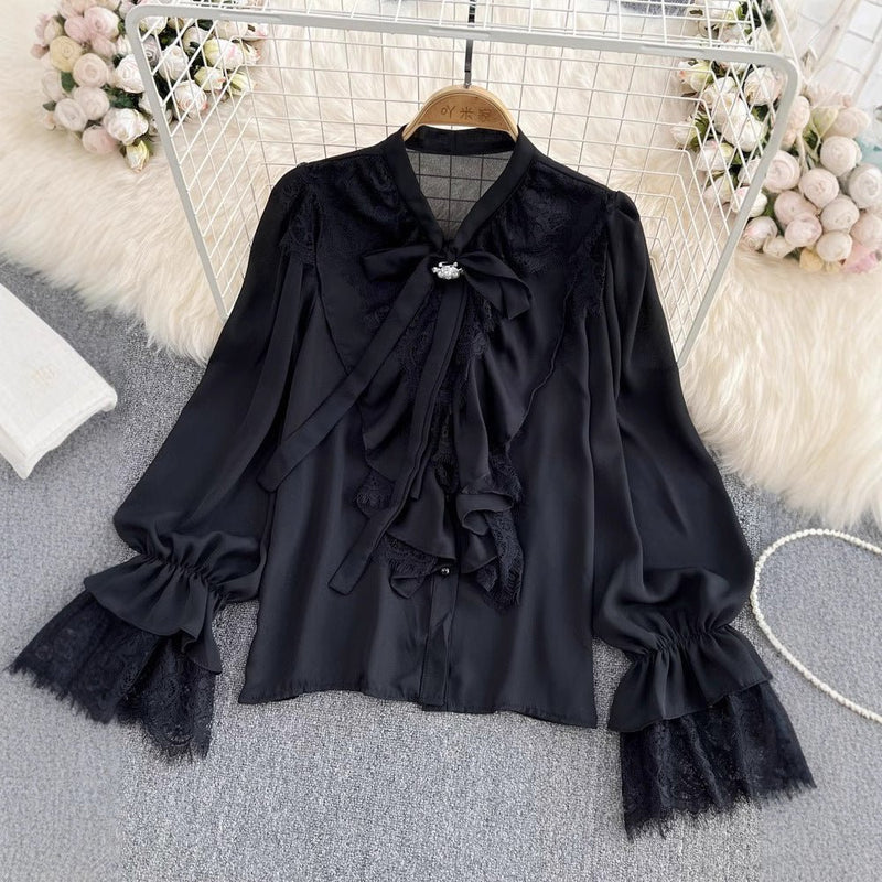 Womens Retro Elegant Loose-Fit Lace-Patch Flare-Sleeve Shirt